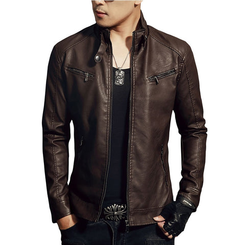 New Arrive Men's Synthetic Leather Jackets Solid Slim Stand Collar Zipper Fashion Coat Motorcycle Leather Jacket Mens Coats