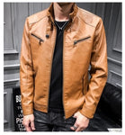 New Arrive Men's Synthetic Leather Jackets Solid Slim Stand Collar Zipper Fashion Coat Motorcycle Leather Jacket Mens Coats