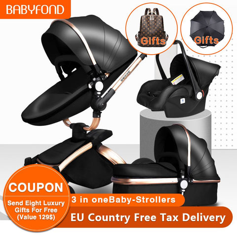 Free ship! Babyfond  3 in 1 baby stroller 360 degree rotate Carriage gold frame PU Pram EU safety Car Seat with Bassinet newborn