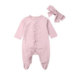 0-12M Newborn infant Baby Footies jumpsuit +Headdress long sleeve ruffled solid cotton comfortable baby boy girl clothes