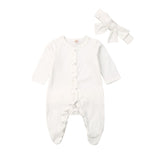 0-12M Newborn infant Baby Footies jumpsuit +Headdress long sleeve ruffled solid cotton comfortable baby boy girl clothes