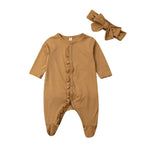 0-12M Newborn infant Baby Footies jumpsuit +Headdress long sleeve ruffled solid cotton comfortable baby boy girl clothes