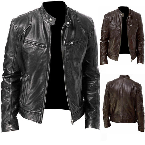 PU Leather Jacket Men Black Brown Winter Autumn Fashion Mens Street Style Stand Collar Motorcycle Bomber Mens Leather Coat