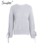 Simplee Casual o neck knitted sweater women jumper Lace up sleeve knitting pull femme 2019 autumn winter sweater pullover female