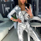 Streetwear PU Leather Pink Silver Glitter Long Sleeve Bodycon Jumpsuit Sexy Women Autumn Winter Belt Romper Night Club Overall