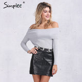 Simplee off shoulder elastic winter sweater women Short gray lapel pullover sexy white jumpers Autumn bodycon basic knitwear top