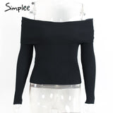 Simplee off shoulder elastic winter sweater women Short gray lapel pullover sexy white jumpers Autumn bodycon basic knitwear top